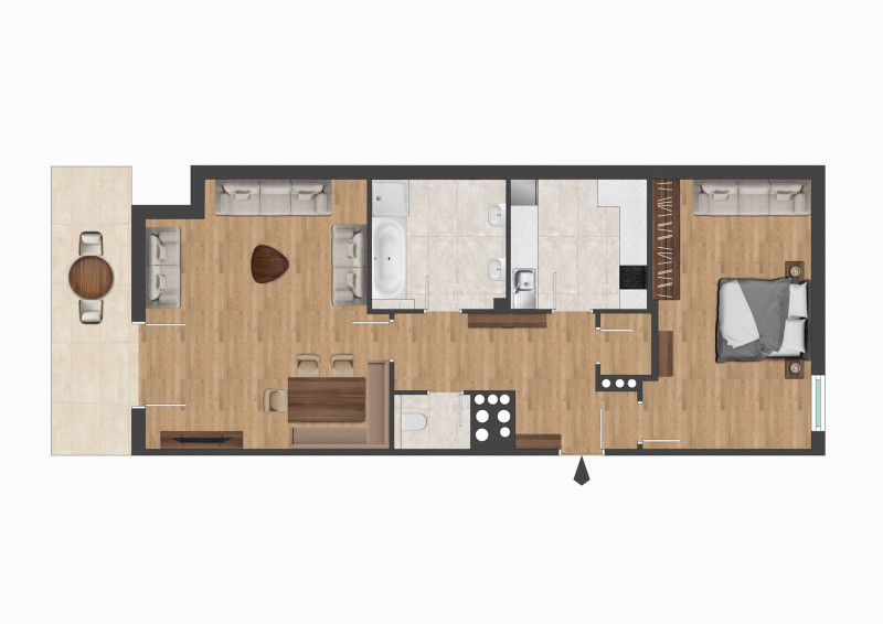Eine moderne Wohnung mit offenem Wohnbereich, Schlafzimmer und Küche. Der Grundriss zeigt die Anordnung der Räume und Möbel.