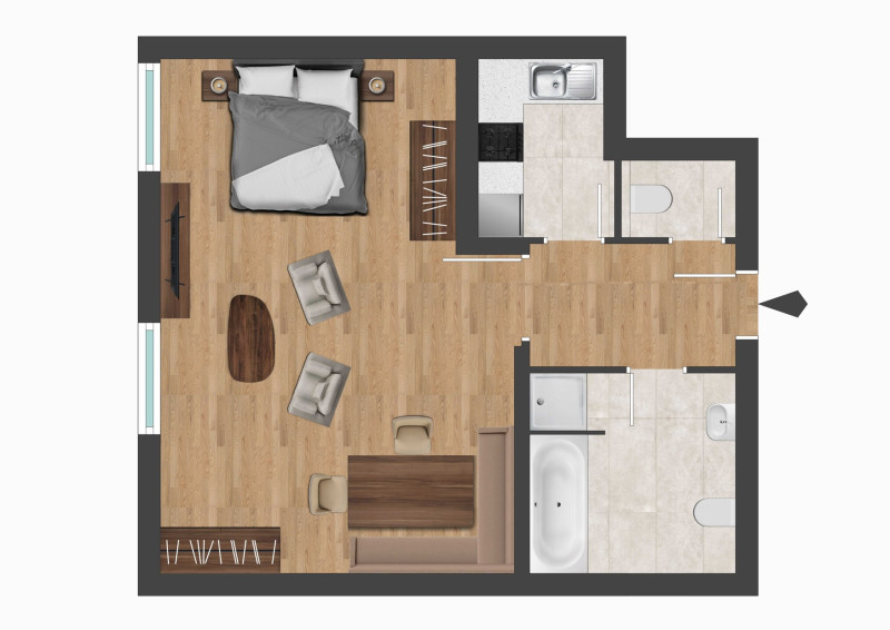 Eine einfache Grundrisszeichnung einer Wohnung. Der Plan zeigt ein Schlafzimmer, ein Wohnzimmer, eine Küche und ein Badezimmer.