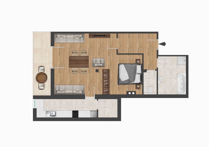 Eine farbige Grundrisszeichnung einer Wohnung. Die Räume sind klar abgebildet, einschließlich Wohnzimmer, Küche, Schlafzimmer und Badezimmer.